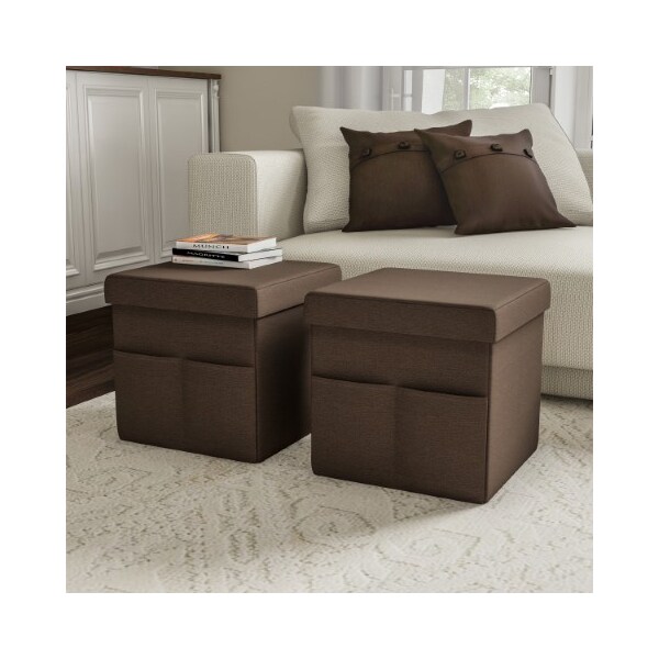 Hastings Home Foldable Storage Cube Ottoman with Pockets Multipurpose Organizer for Home (Pair, Linen Brown) - 855599TYL