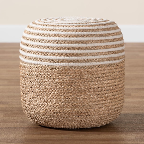 Bali & Pari Nequiel Modern Bohemian Natural Brown Seagrass and Woven Rope Ottoman Footstool - 240-13479-ZORO