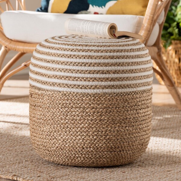 Bali & Pari Nequiel Modern Bohemian Natural Brown Seagrass and Woven Rope Ottoman Footstool - 240-13479-ZORO