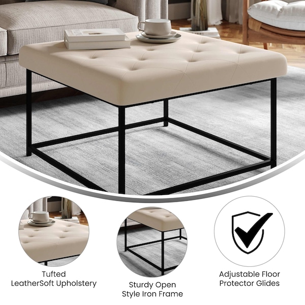 Flash Furniture Ashton 30 Square LeatherSoft Tufted Ottoman with Metal Frame, Beige LeatherSoft/Black Frame - WX-TY-101-BG-LT-BLK-GG