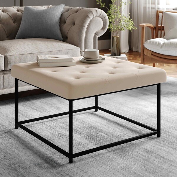 Flash Furniture Ashton 30 Square LeatherSoft Tufted Ottoman with Metal Frame, Beige LeatherSoft/Black Frame - WX-TY-101-BG-LT-BLK-GG