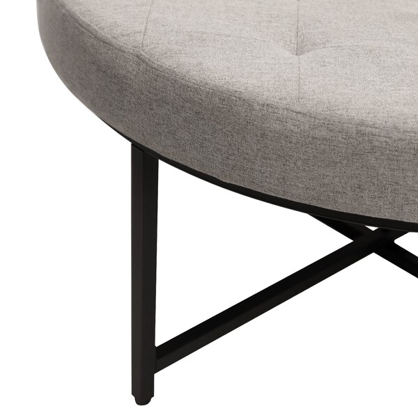 Flash Furniture Ashton 34 Round Cotton Linen Tufted Ottoman with Metal Frame, Gray Cotton Linen/Black Frame - WX-TY-104-GRY-LN-BLK-GG
