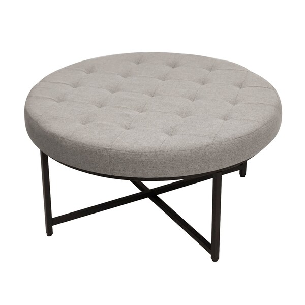 Flash Furniture Ashton 34 Round Cotton Linen Tufted Ottoman with Metal Frame, Gray Cotton Linen/Black Frame - WX-TY-104-GRY-LN-BLK-GG