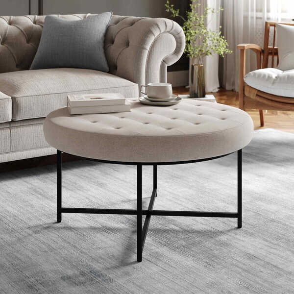 Flash Furniture Ashton 34 Round Cotton Linen Tufted Ottoman with Metal Frame, Gray Cotton Linen/Black Frame - WX-TY-104-GRY-LN-BLK-GG