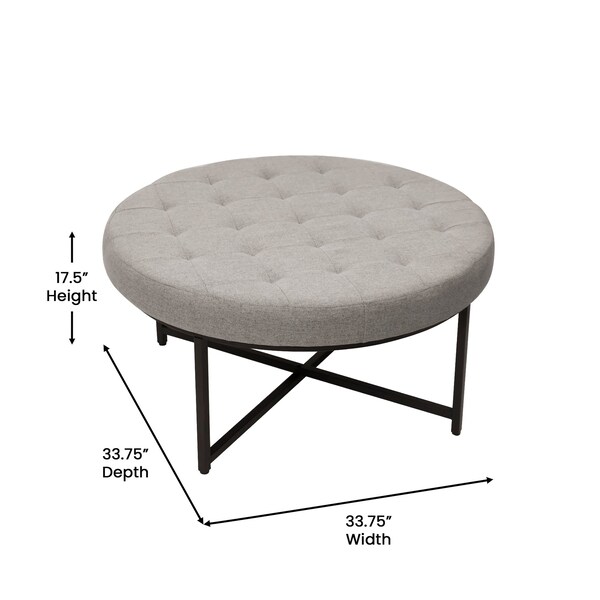 Flash Furniture Ashton 34 Round Cotton Linen Tufted Ottoman with Metal Frame, Gray Cotton Linen/Black Frame - WX-TY-104-GRY-LN-BLK-GG