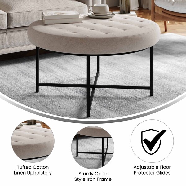 Flash Furniture Ashton 34 Round Cotton Linen Tufted Ottoman with Metal Frame, Gray Cotton Linen/Black Frame - WX-TY-104-GRY-LN-BLK-GG