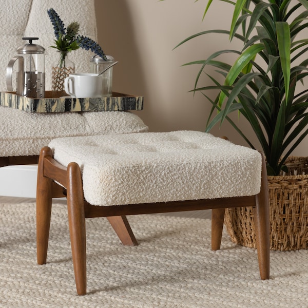 Baxton Studio Jeanine Japandi Cream Boucle Fabric and Walnut Brown Finished Rubberwood Ottoman Footstool - 228-12965-ZORO