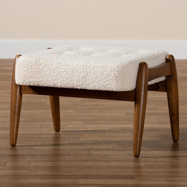 Baxton Studio Jeanine Japandi Cream Boucle Fabric and Walnut Brown Finished Rubberwood Ottoman Footstool - 228-12965-ZORO