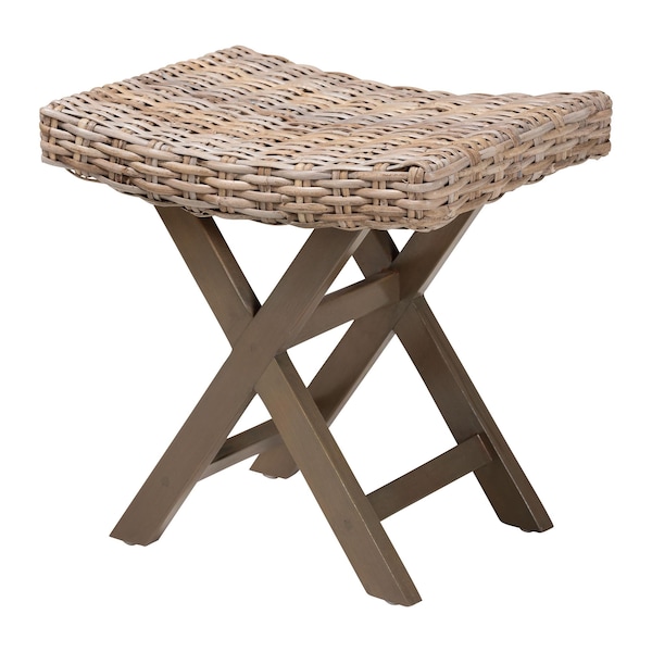 Bali & Pari Hayate Bohemian Grey Kubu Rattan and Mahogany Wood Ottoman Footstool - 245-13713-ZORO