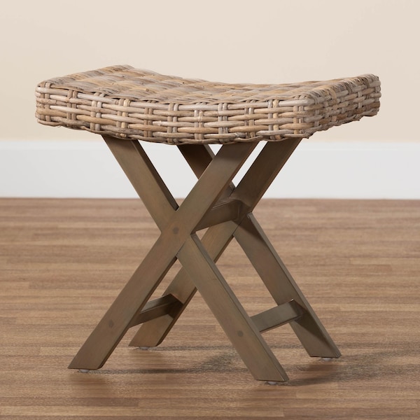 Bali & Pari Hayate Bohemian Grey Kubu Rattan and Mahogany Wood Ottoman Footstool - 245-13713-ZORO