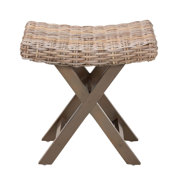 Bali & Pari Hayate Bohemian Grey Kubu Rattan and Mahogany Wood Ottoman Footstool - 245-13713-ZORO