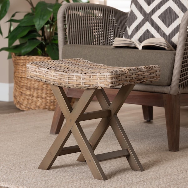 Bali & Pari Hayate Bohemian Grey Kubu Rattan and Mahogany Wood Ottoman Footstool - 245-13713-ZORO