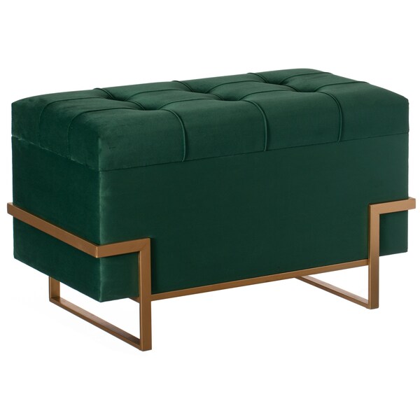 Fabulaxe Velvet Storage Ottoman Stool Box with Abstract Golden Legs - Decorative Sitting Bench, Green Large - QI003939.GN.L