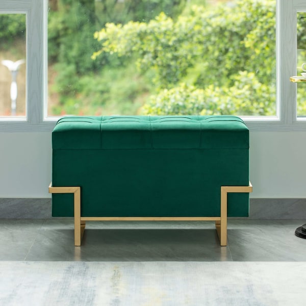 Fabulaxe Velvet Storage Ottoman Stool Box with Abstract Golden Legs - Decorative Sitting Bench, Green Large - QI003939.GN.L