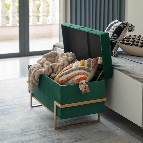 Fabulaxe Velvet Storage Ottoman Stool Box with Abstract Golden Legs - Decorative Sitting Bench, Green Large - QI003939.GN.L