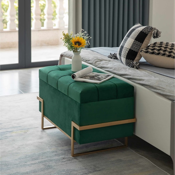 Fabulaxe Velvet Storage Ottoman Stool Box with Abstract Golden Legs - Decorative Sitting Bench, Green Large - QI003939.GN.L