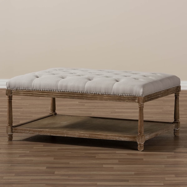 Baxton Studio Carlotta Oak Beige Linen Rectangular Coffee Table Ottoman - 139-7608
