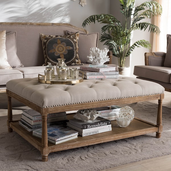 Baxton Studio Carlotta Oak Beige Linen Rectangular Coffee Table Ottoman - 139-7608
