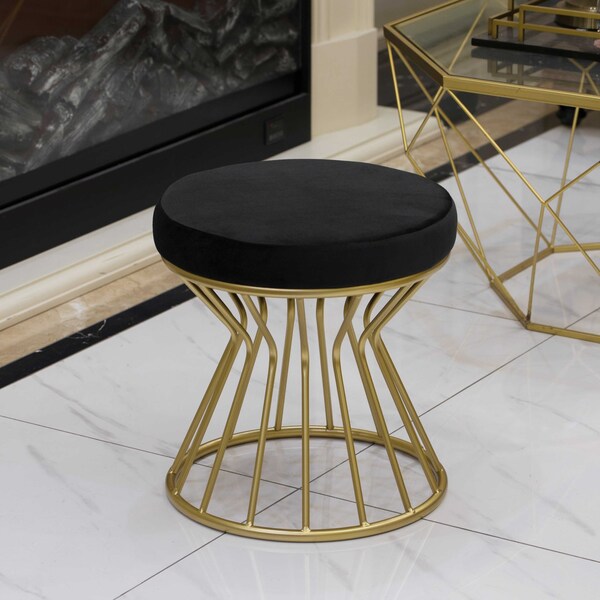 Fabulaxe Modern Round Velvet Stool with Bent Gold Metal Base Standard Ottoman, Black - QI004322.BK