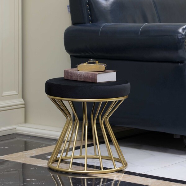 Fabulaxe Modern Round Velvet Stool with Bent Gold Metal Base Standard Ottoman, Black - QI004322.BK