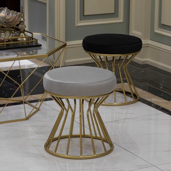 Fabulaxe Modern Round Velvet Stool with Bent Gold Metal Base Standard Ottoman, Black - QI004322.BK