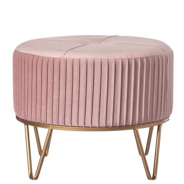 Fabulaxe Round Velvet Ottoman Stool Raised with Hairpin Gold Base, Pink, Medium - QI004324.PK.M