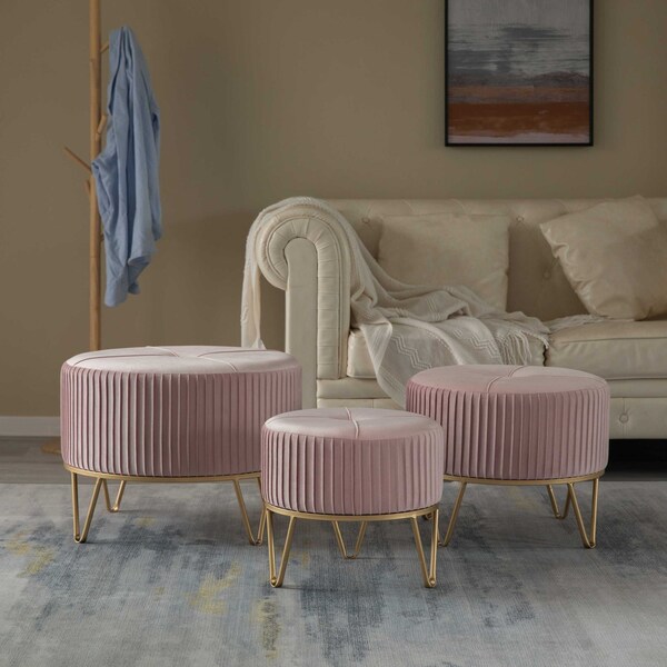 Fabulaxe Round Velvet Ottoman Stool Raised with Hairpin Gold Base, Pink, Medium - QI004324.PK.M