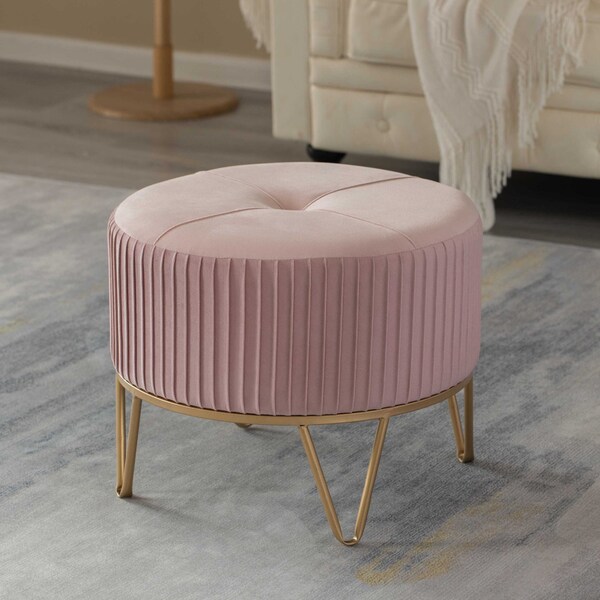 Fabulaxe Round Velvet Ottoman Stool Raised with Hairpin Gold Base, Pink, Medium - QI004324.PK.M