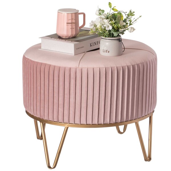 Fabulaxe Round Velvet Ottoman Stool Raised with Hairpin Gold Base, Pink, Medium - QI004324.PK.M