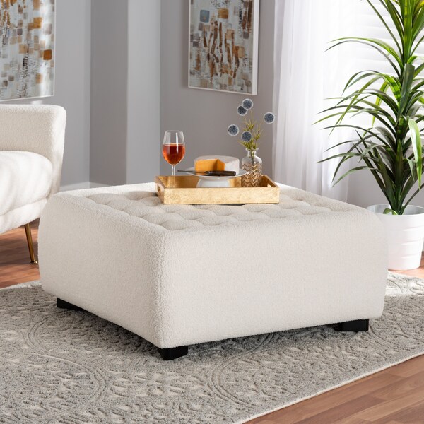 Baxton Studio Athena Modern and Contemporary Ivory Boucle Upholstered and Black Finished Wood Square Ottoman - 220-12867-ZORO