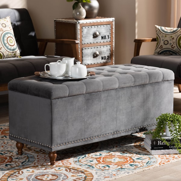 Baxton Studio Kaylee Grey Velvet Upholstered Tufted Storage Ottoman Bench - 160-9934