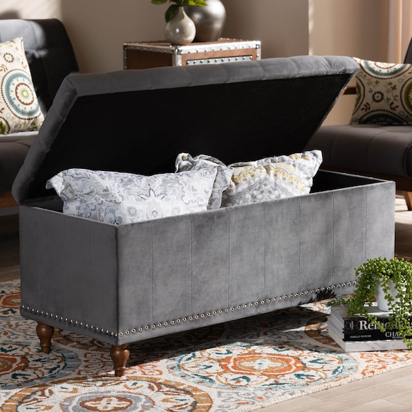 Baxton Studio Kaylee Grey Velvet Upholstered Tufted Storage Ottoman Bench - 160-9934