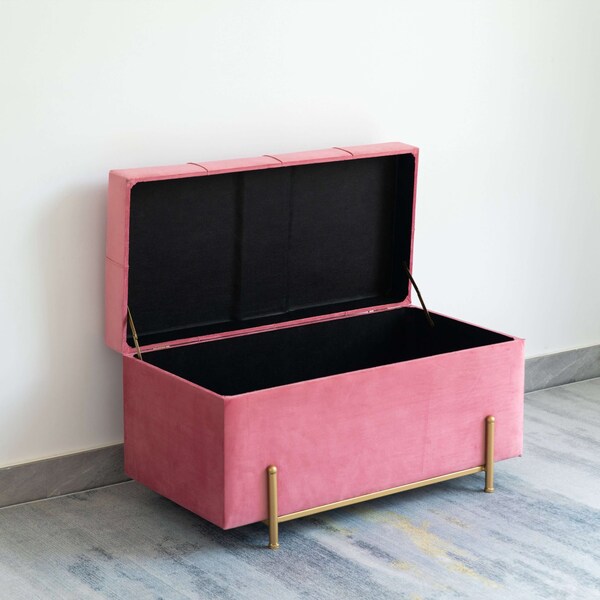 Fabulaxe Large Rectangle Velvet Storage Ottoman Stool Box with Golden Legs, Decorative Sitting Bench, Pink - QI003938.PK