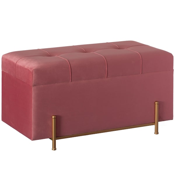 Fabulaxe Large Rectangle Velvet Storage Ottoman Stool Box with Golden Legs, Decorative Sitting Bench, Pink - QI003938.PK