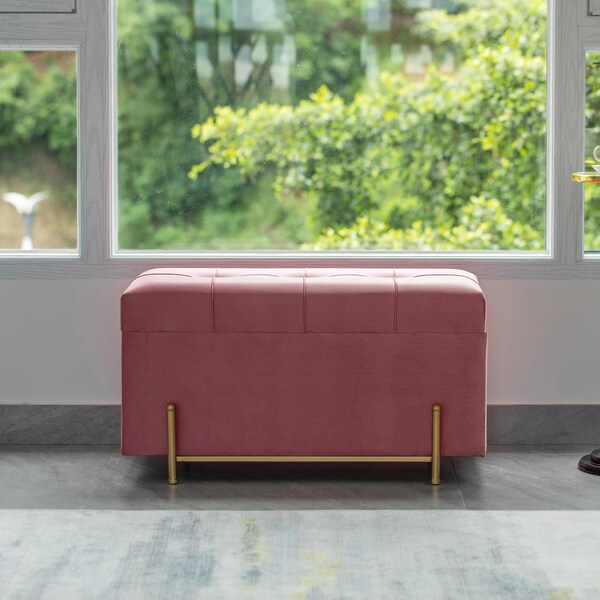 Fabulaxe Large Rectangle Velvet Storage Ottoman Stool Box with Golden Legs, Decorative Sitting Bench, Pink - QI003938.PK