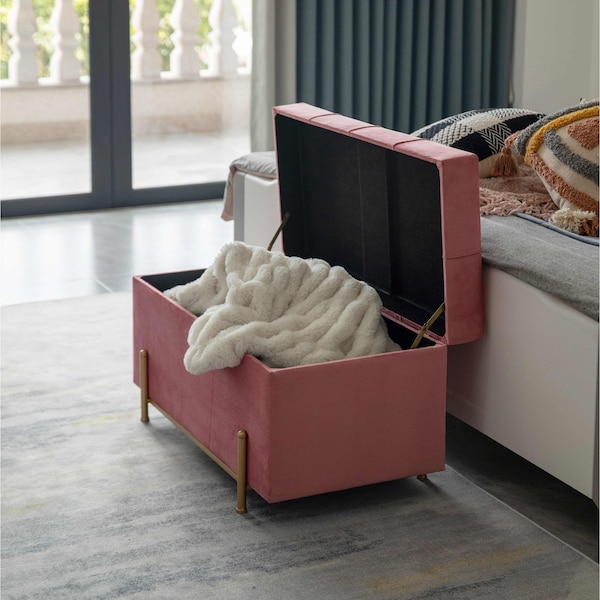 Fabulaxe Large Rectangle Velvet Storage Ottoman Stool Box with Golden Legs, Decorative Sitting Bench, Pink - QI003938.PK