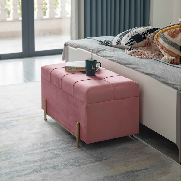 Fabulaxe Large Rectangle Velvet Storage Ottoman Stool Box with Golden Legs, Decorative Sitting Bench, Pink - QI003938.PK