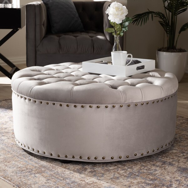 Baxton Studio Iglehart Light Gray Velvet Upholstered Tufted Cocktail Ottoman - 154-9362