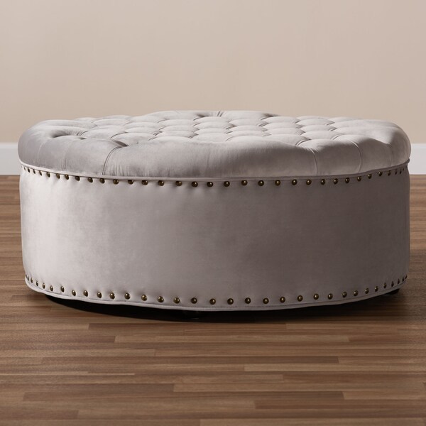 Baxton Studio Iglehart Light Gray Velvet Upholstered Tufted Cocktail Ottoman - 154-9362