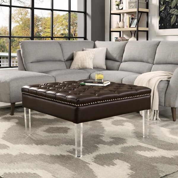 Comfortcorrect Luke PU Leather Oversized Tufted, Silver Nailhead Trim Clear Legs Ottoman Coffee Table-Espresso - CO3652877