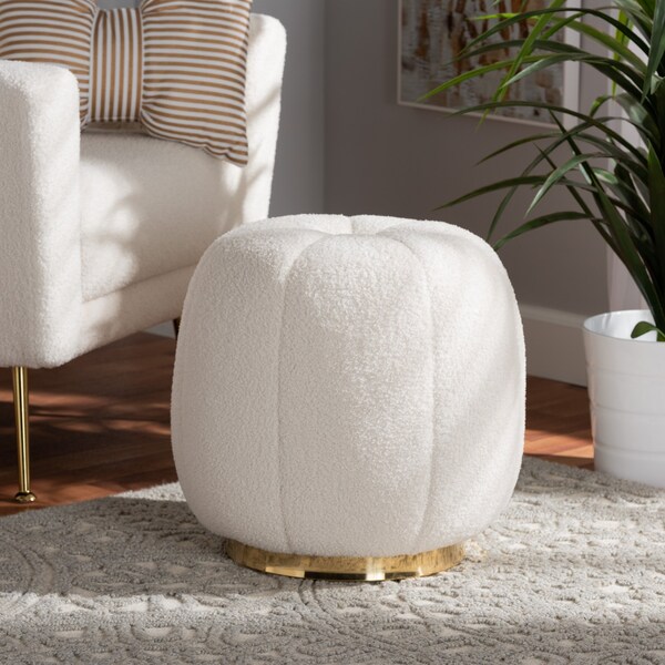 Baxton Studio Raelynn Modern and Contemporary Ivory Boucle Upholstered and Gold Metal Ottoman - 220-12869-ZORO