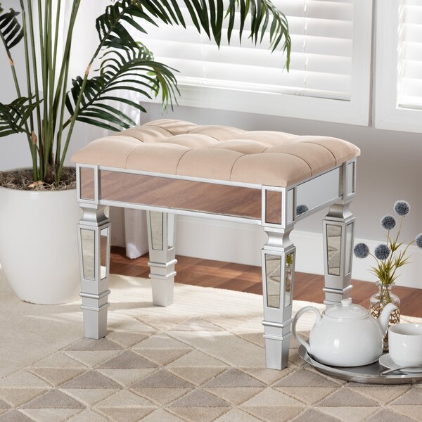 Baxton Studio Hedia Contemporary Glam and Luxe Beige Fabric Upholstered and Silver Finished Wood Ottoman - 213-12264-ZORO