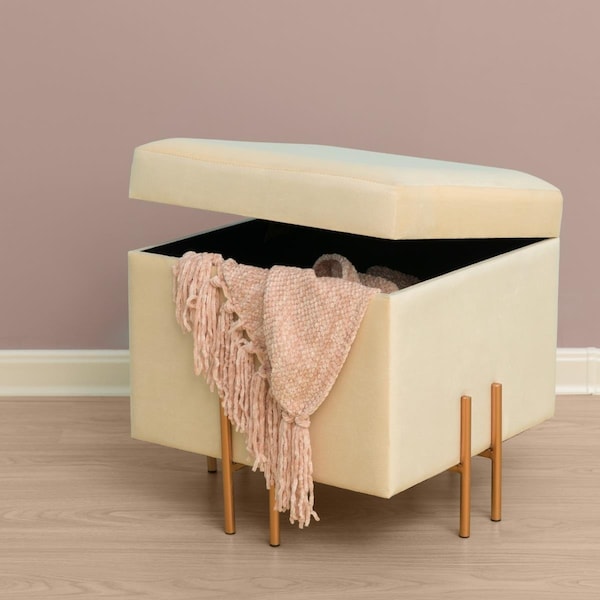 Kd Americana 16.5 x 16 x 16 in. Square Velvet Storage Ottoman with Rose Gold Legs Ivory - KD3184526