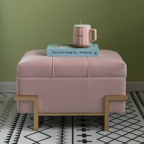 Fabulaxe Large Tufted Minimalist Rectangular Velvet Storage Ottoman with Gold Metal Legs, Pink - QI003939.PK