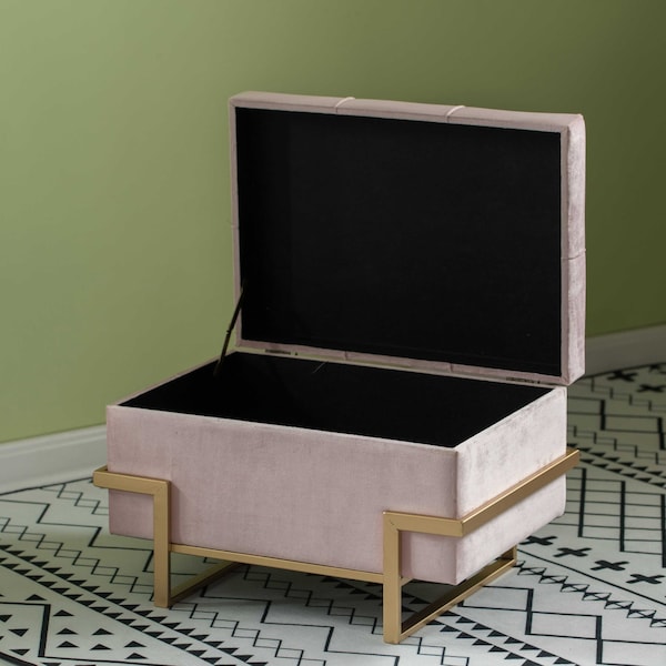 Fabulaxe Large Tufted Minimalist Rectangular Velvet Storage Ottoman with Gold Metal Legs, Pink - QI003939.PK