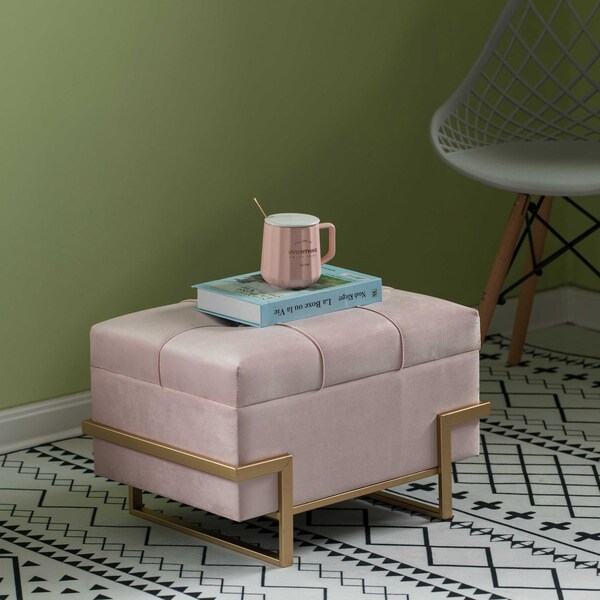 Fabulaxe Large Tufted Minimalist Rectangular Velvet Storage Ottoman with Gold Metal Legs, Pink - QI003939.PK