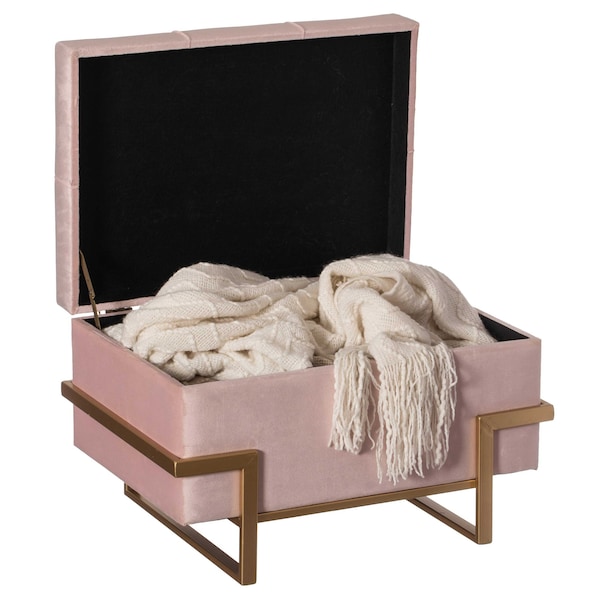 Fabulaxe Large Tufted Minimalist Rectangular Velvet Storage Ottoman with Gold Metal Legs, Pink - QI003939.PK