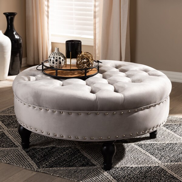 Baxton Studio Palfrey Gray Velvet Upholstered Button Tufted Cocktail Ottoman - 151-9360