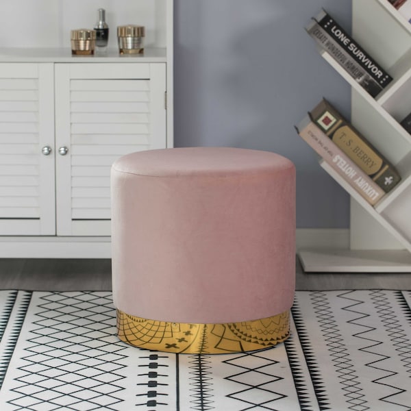 Fabulaxe Modern Round Velvet Fabric Standard Ottoman Stool with Gold Base, Pink - QI004323.PK