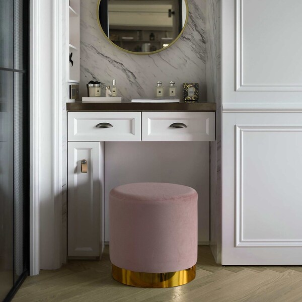 Fabulaxe Modern Round Velvet Fabric Standard Ottoman Stool with Gold Base, Pink - QI004323.PK